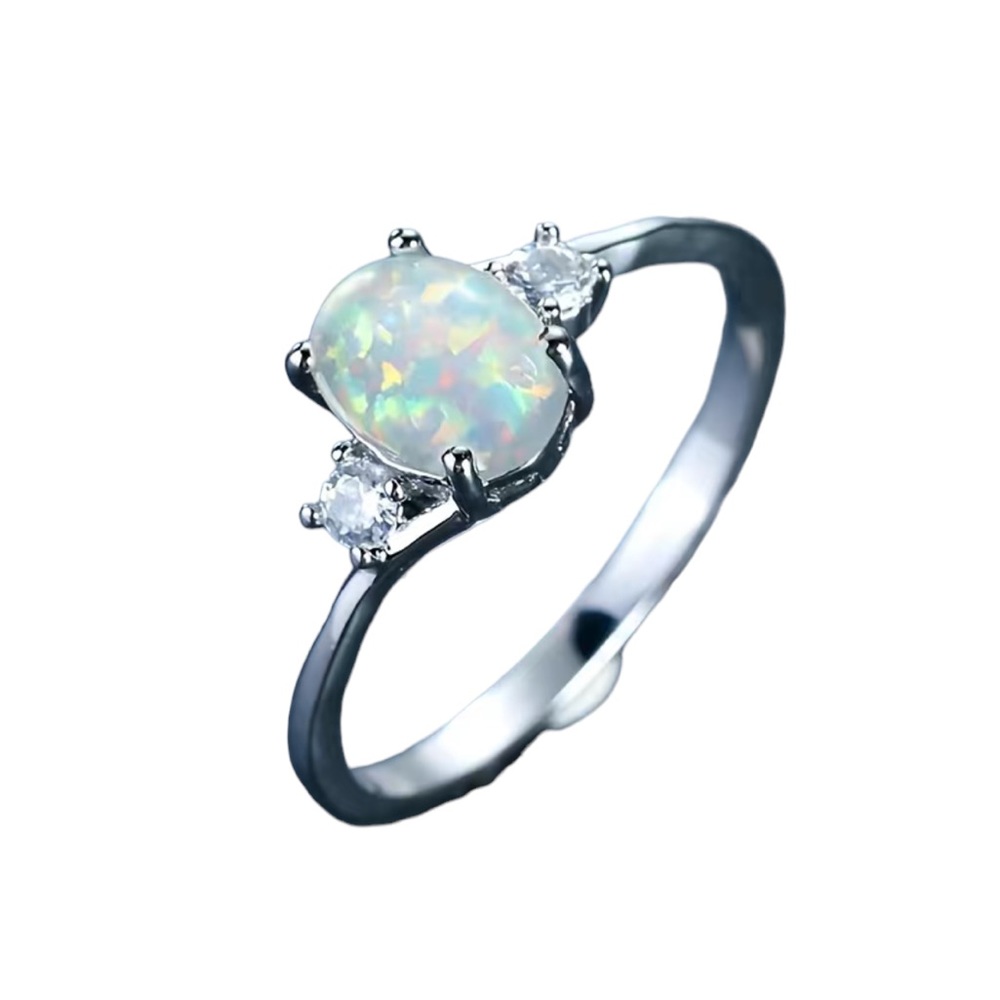 Opal Solitaire Silver Ring With Diamond Rhineston… - image 1
